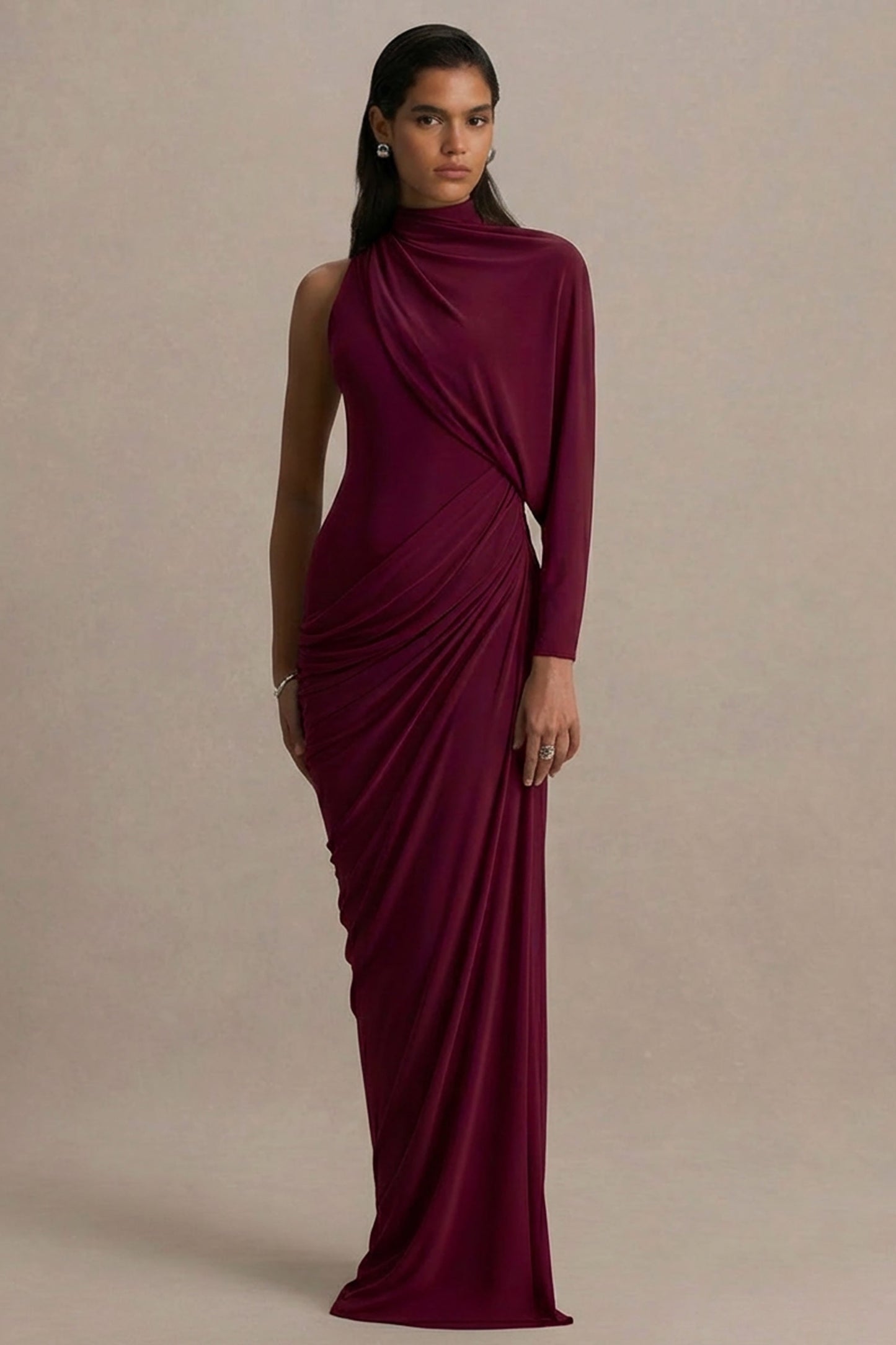 Aphra | Burgundy High-Neck Maxi Dress With Cape-Sleeve