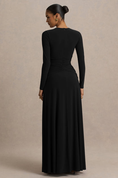 Estrella | Black High-Neck Maxi Dress With Ruched Detailing