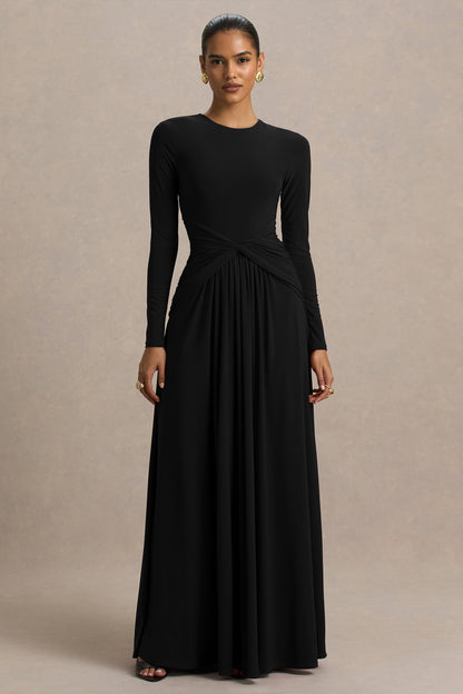 Estrella | Black High-Neck Maxi Dress With Ruched Detailing