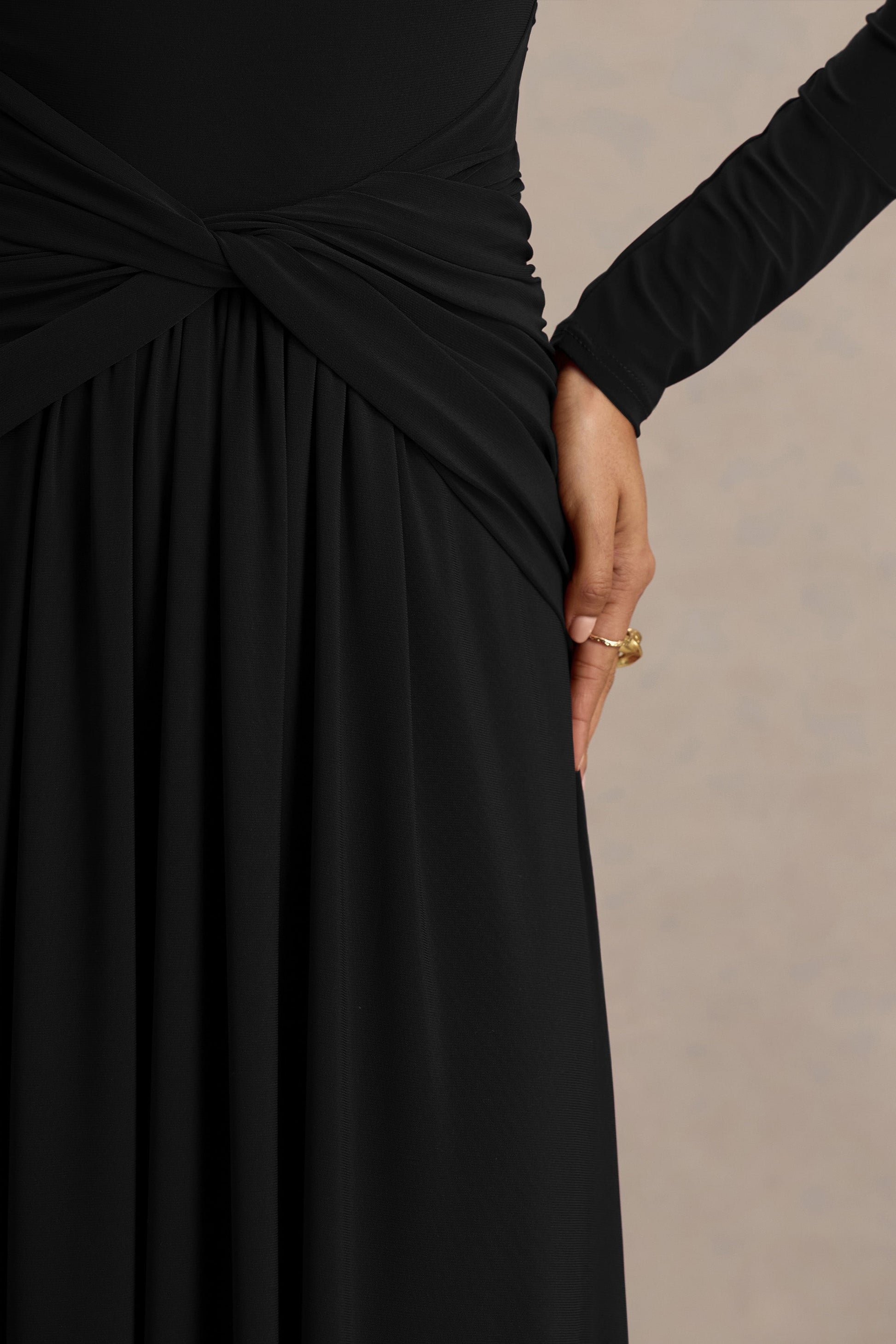 Estrella | Black High-Neck Maxi Dress With Ruched Detailing