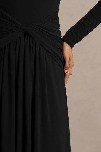 Estrella | Black High-Neck Maxi Dress With Ruched Detailing