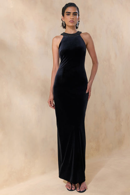 Darya | Black Velvet Embellished High-Neck Maxi Dress