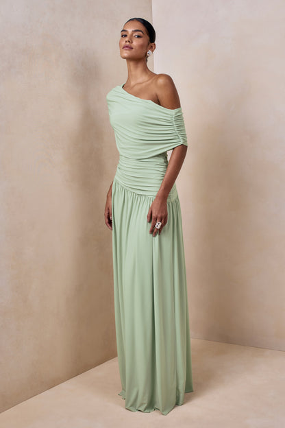 Emberly | Green Draped Asymmetric-Neck Maxi Dress With Drop-Waist