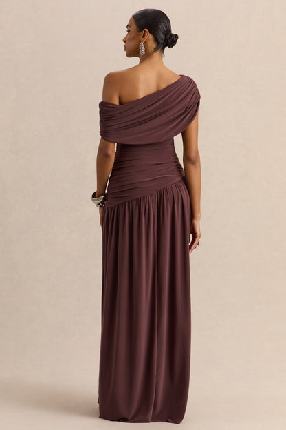 Emberly | Brown Draped Asymmetric-Neck Maxi Dress With Drop-Waist