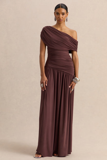 Emberly | Brown Draped Asymmetric-Neck Maxi Dress With Drop-Waist