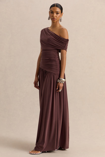 Emberly | Brown Draped Asymmetric-Neck Maxi Dress With Drop-Waist