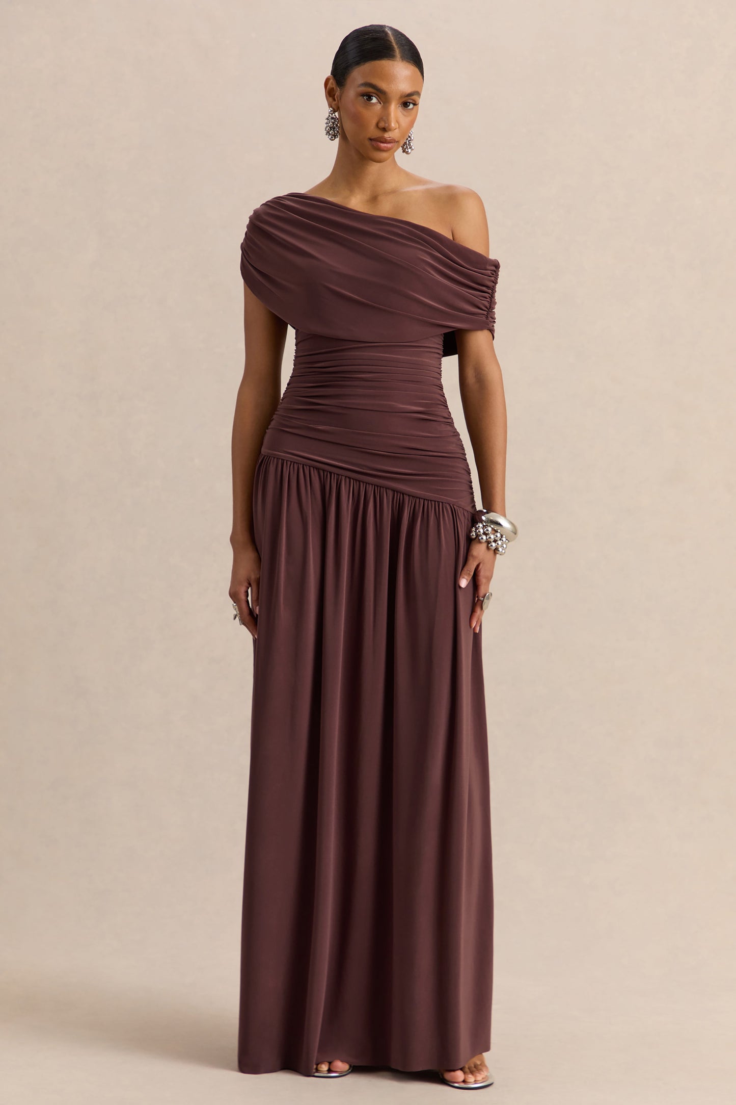 Emberly | Brown Draped Asymmetric-Neck Maxi Dress With Drop-Waist