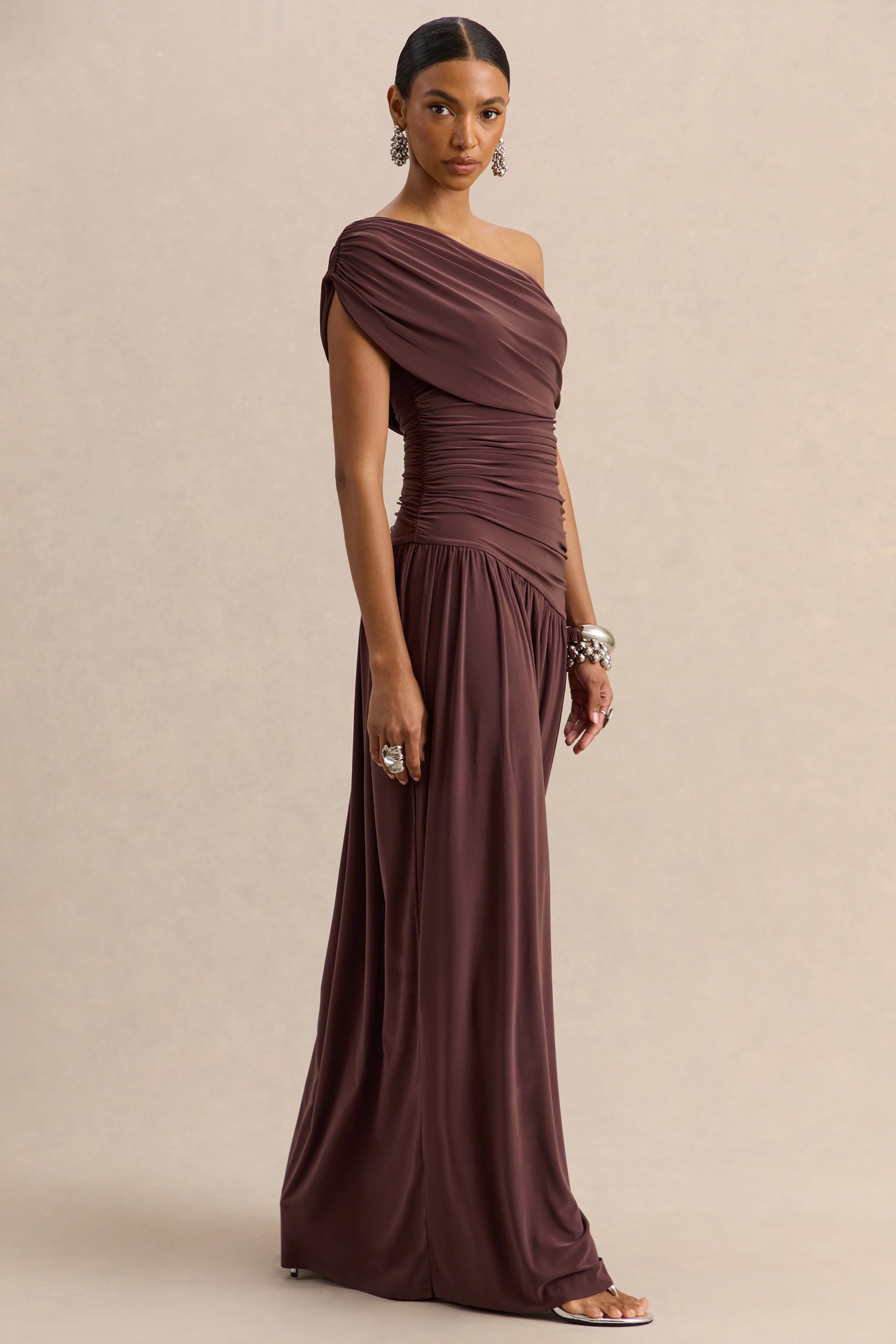 Emberly | Brown Draped Asymmetric-Neck Maxi Dress With Drop-Waist