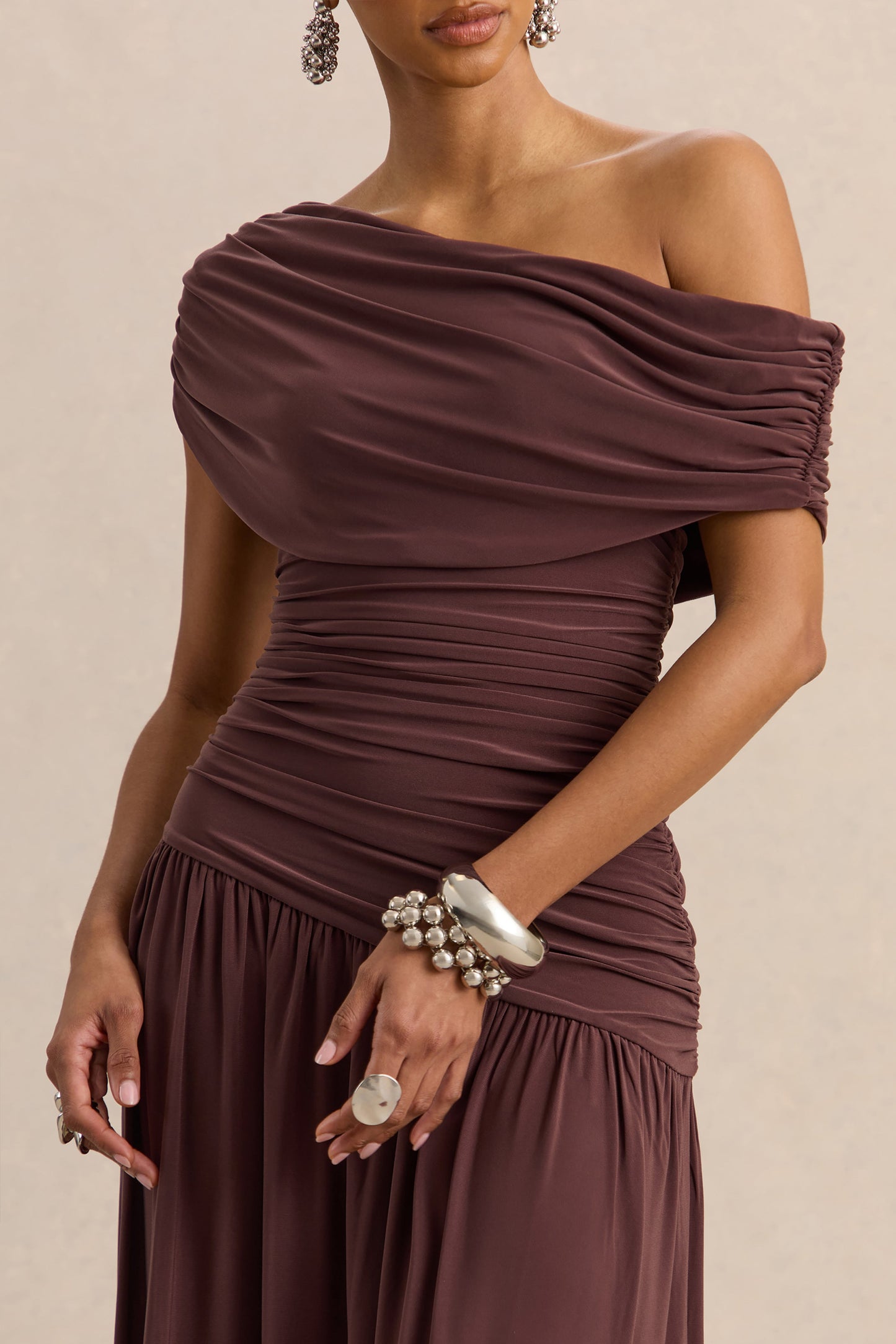 Emberly | Brown Draped Asymmetric-Neck Maxi Dress With Drop-Waist