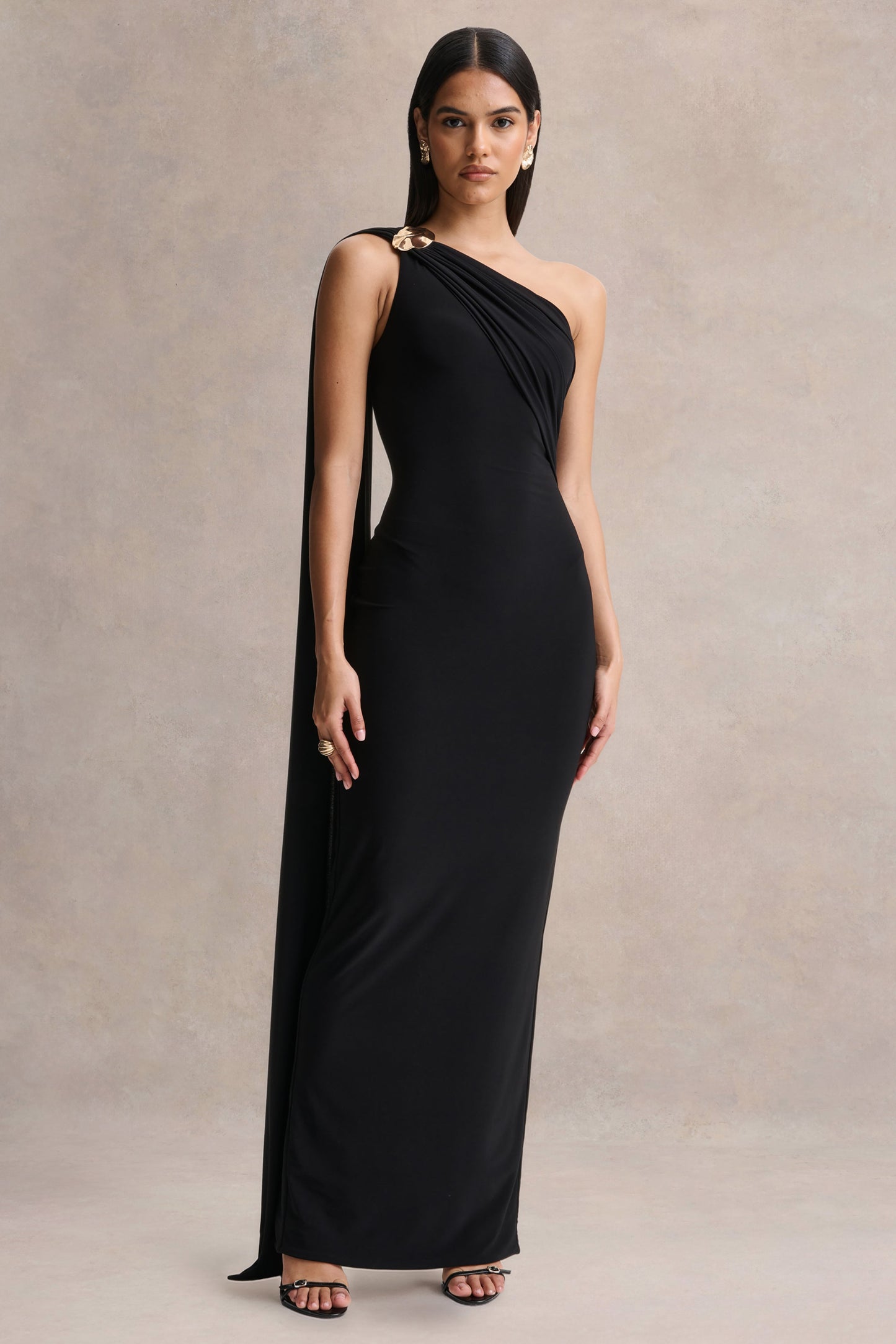 Mandy | Black Asymmetric-Neck Maxi Dress