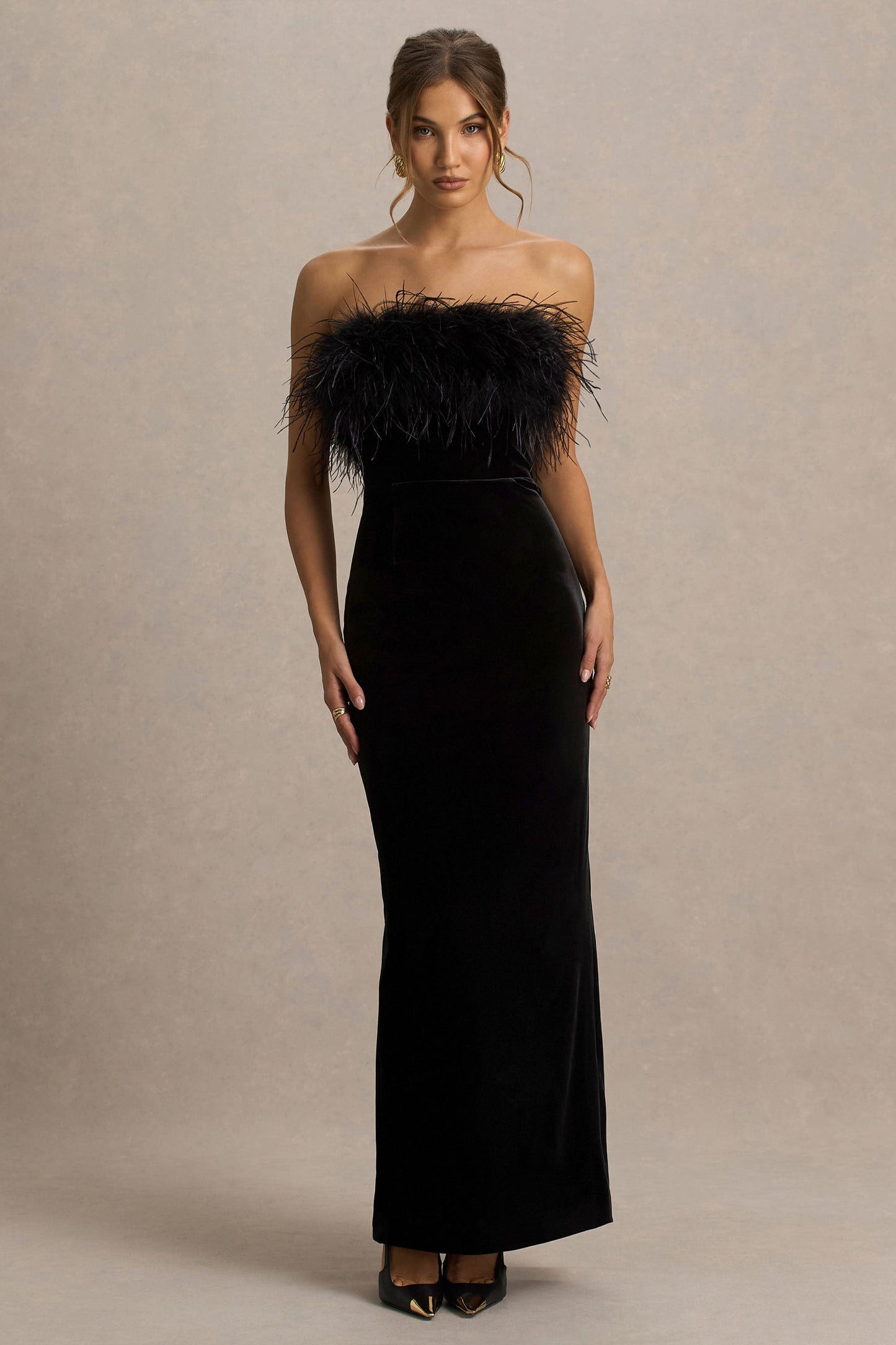 Arella | Black Velvet Bandeau Maxi Dress With Feather Trim