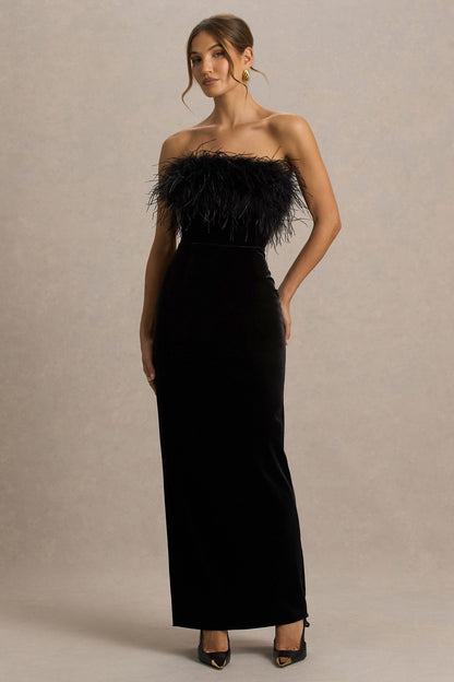 Arella | Black Velvet Bandeau Maxi Dress With Feather Trim
