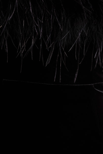 Arella | Black Velvet Bandeau Maxi Dress With Feather Trim