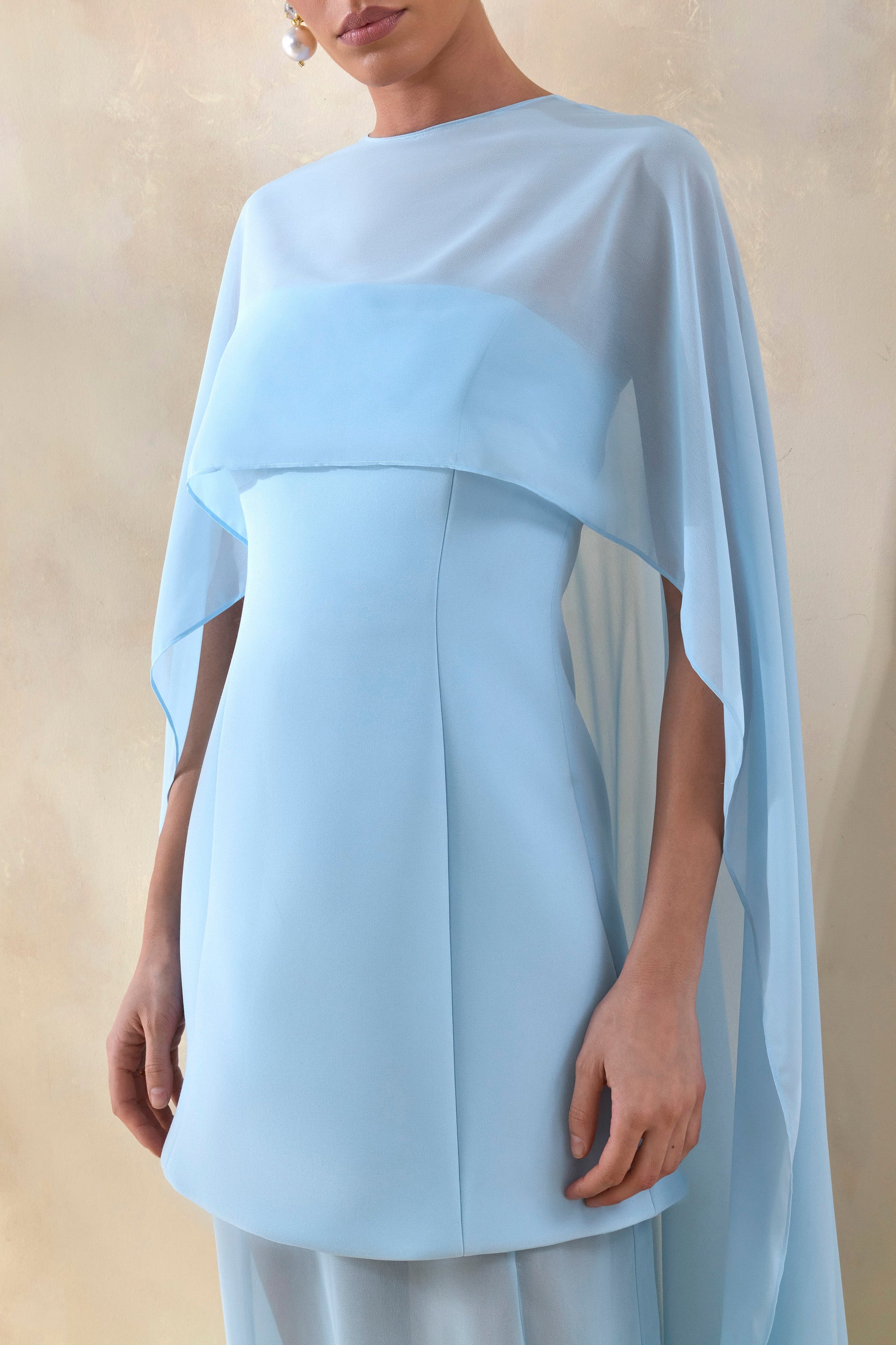 Chessa | Powder Blue Boat-Neck Maxi Dress With Sheer Cape