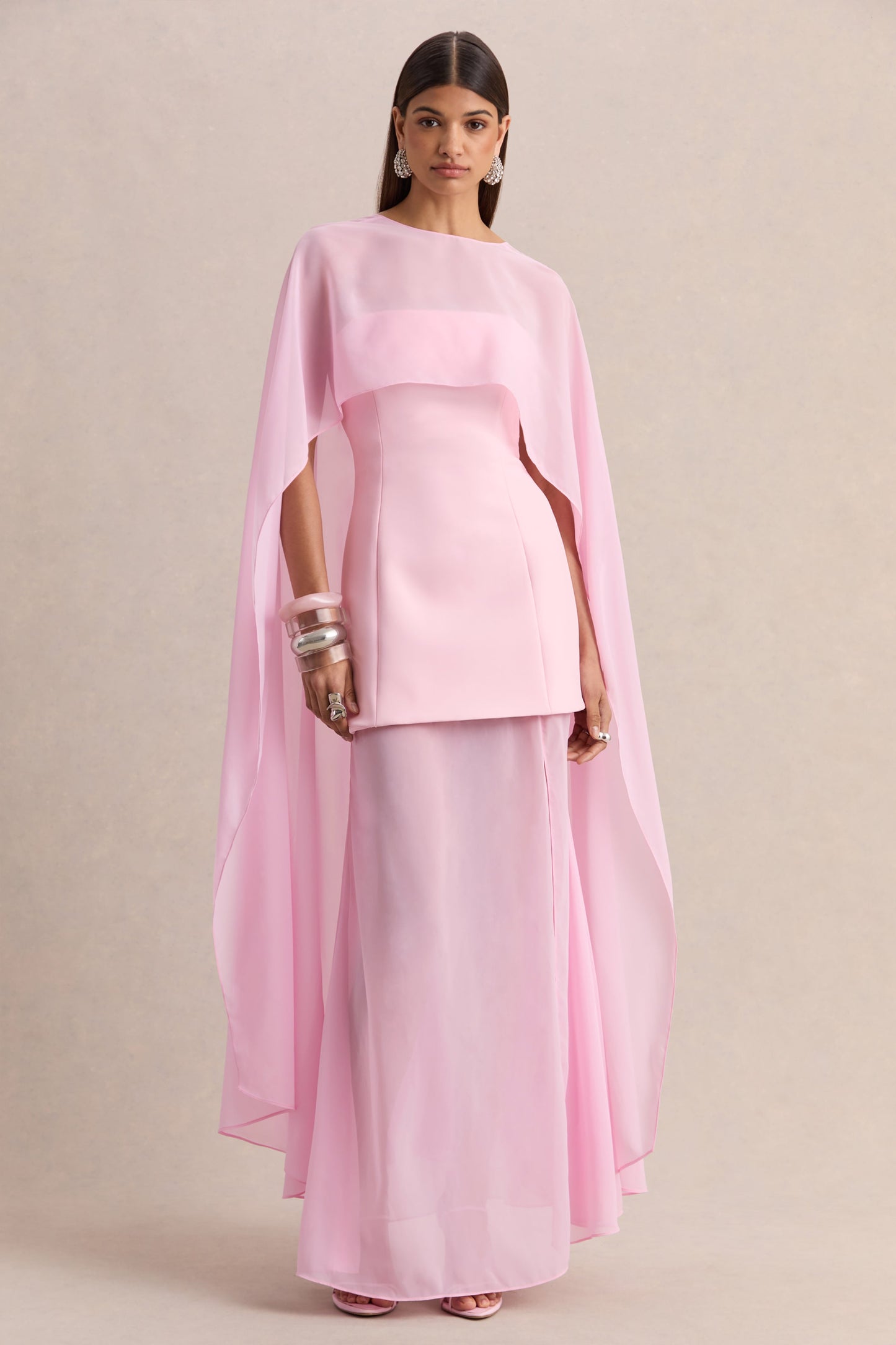 Chessa | Light Pink Boat-Neck Maxi Dress With Sheer Cape