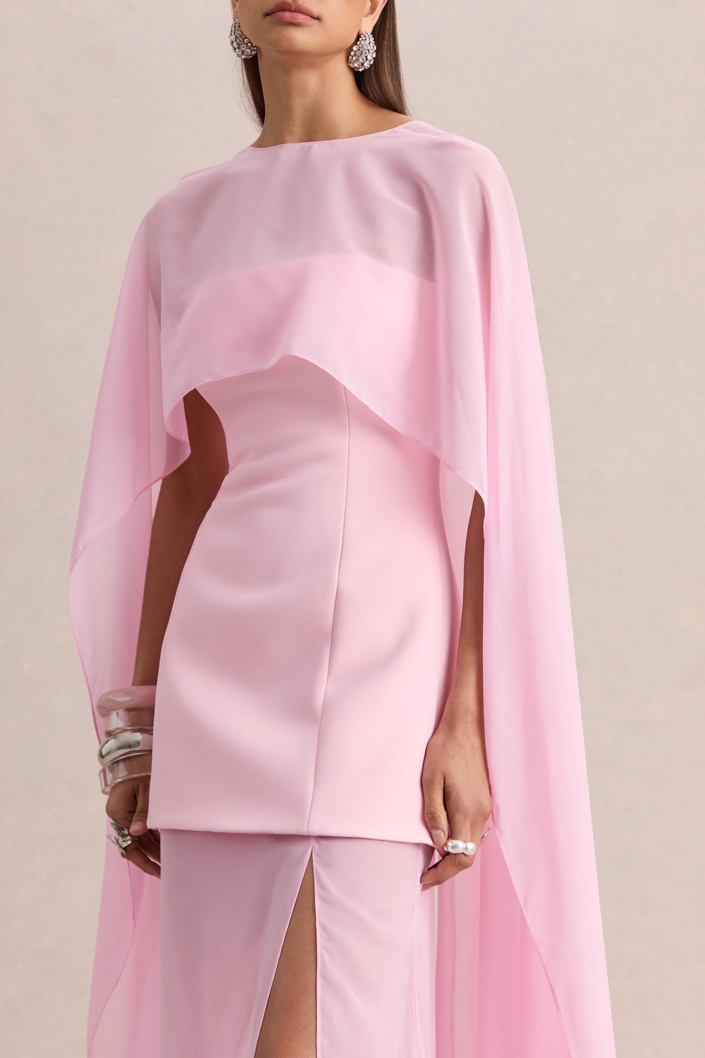 Chessa | Light Pink Boat-Neck Maxi Dress With Sheer Cape