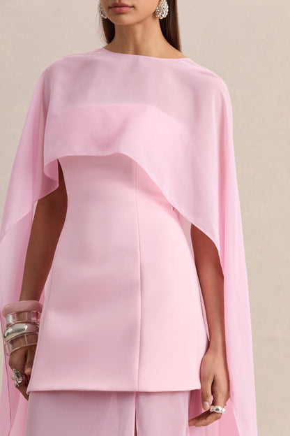 Chessa | Light Pink Boat-Neck Maxi Dress With Sheer Cape