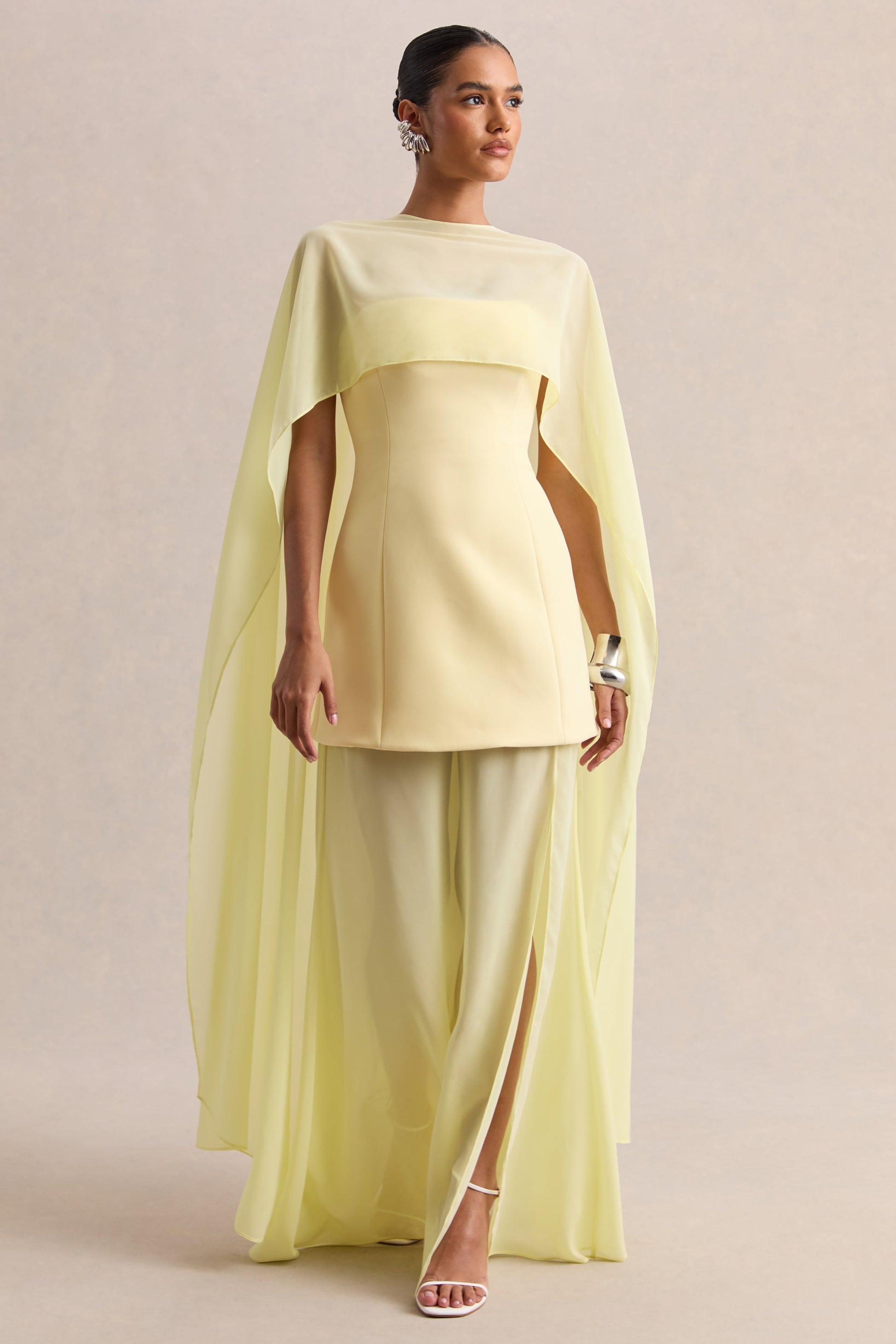 Chessa | Lemon Boat-Neck Maxi Dress With Sheer Cape