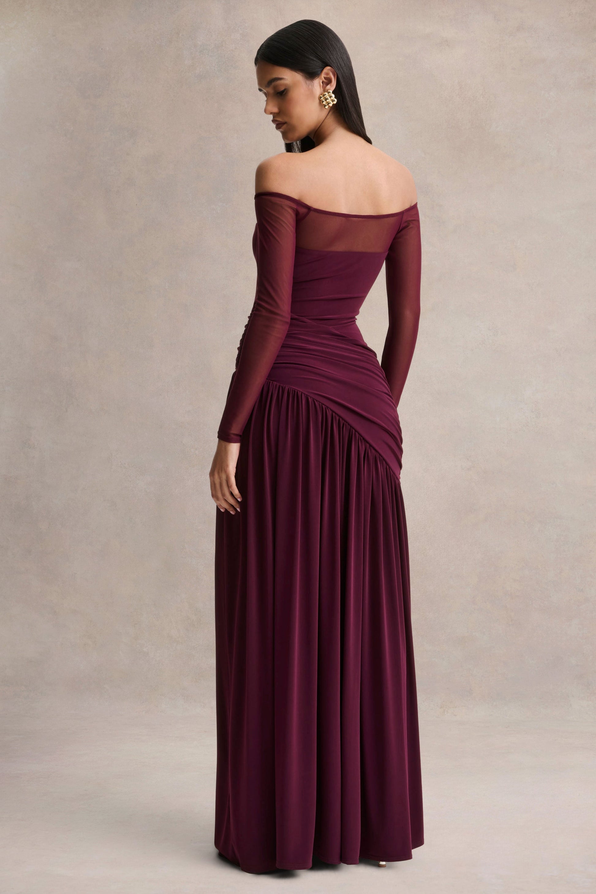 Bexley | Dark Plum Bardot-Neck Maxi Dress With Mesh Sleeves