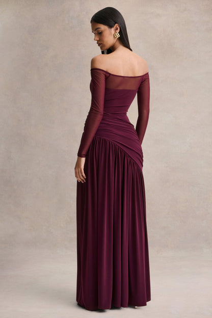 Bexley | Dark Plum Bardot-Neck Maxi Dress With Mesh Sleeves