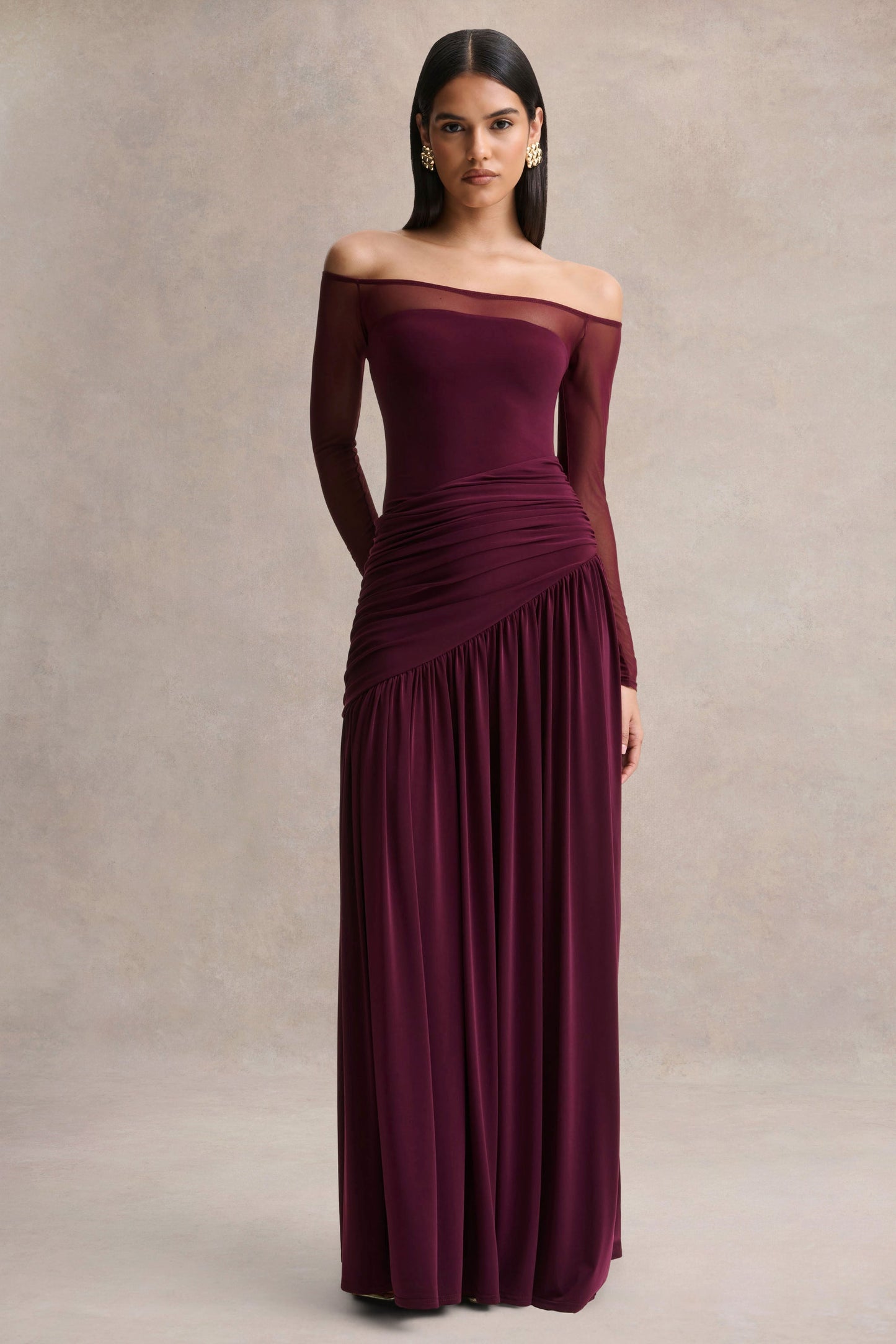 Bexley | Dark Plum Bardot-Neck Maxi Dress With Mesh Sleeves