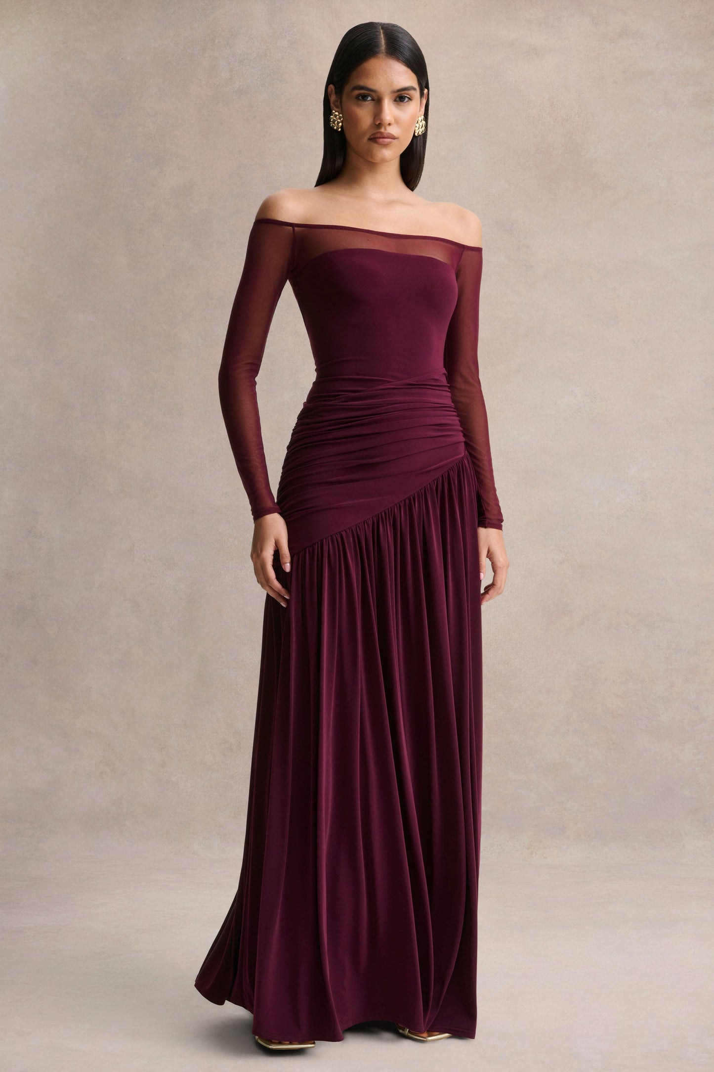 Bexley | Dark Plum Bardot-Neck Maxi Dress With Mesh Sleeves