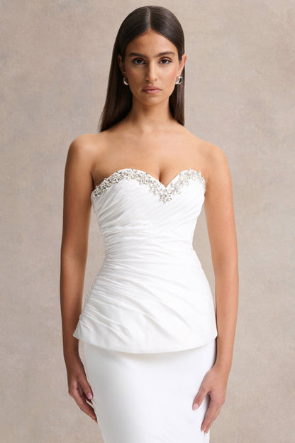 Ambria | White Satin Hand-Embellished Sweetheart-Neck Corset Top