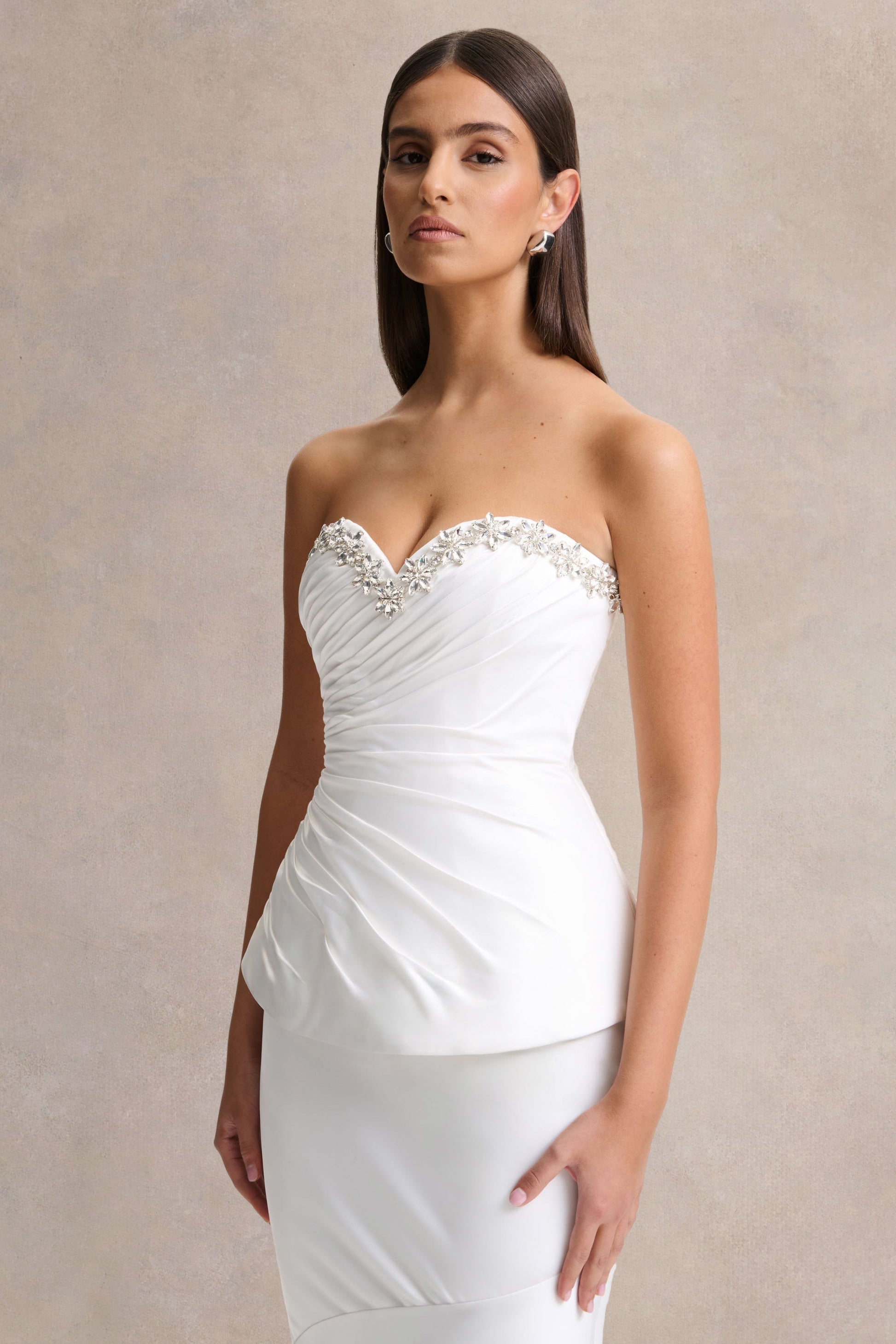 Ambria | White Satin Hand-Embellished Sweetheart-Neck Corset Top