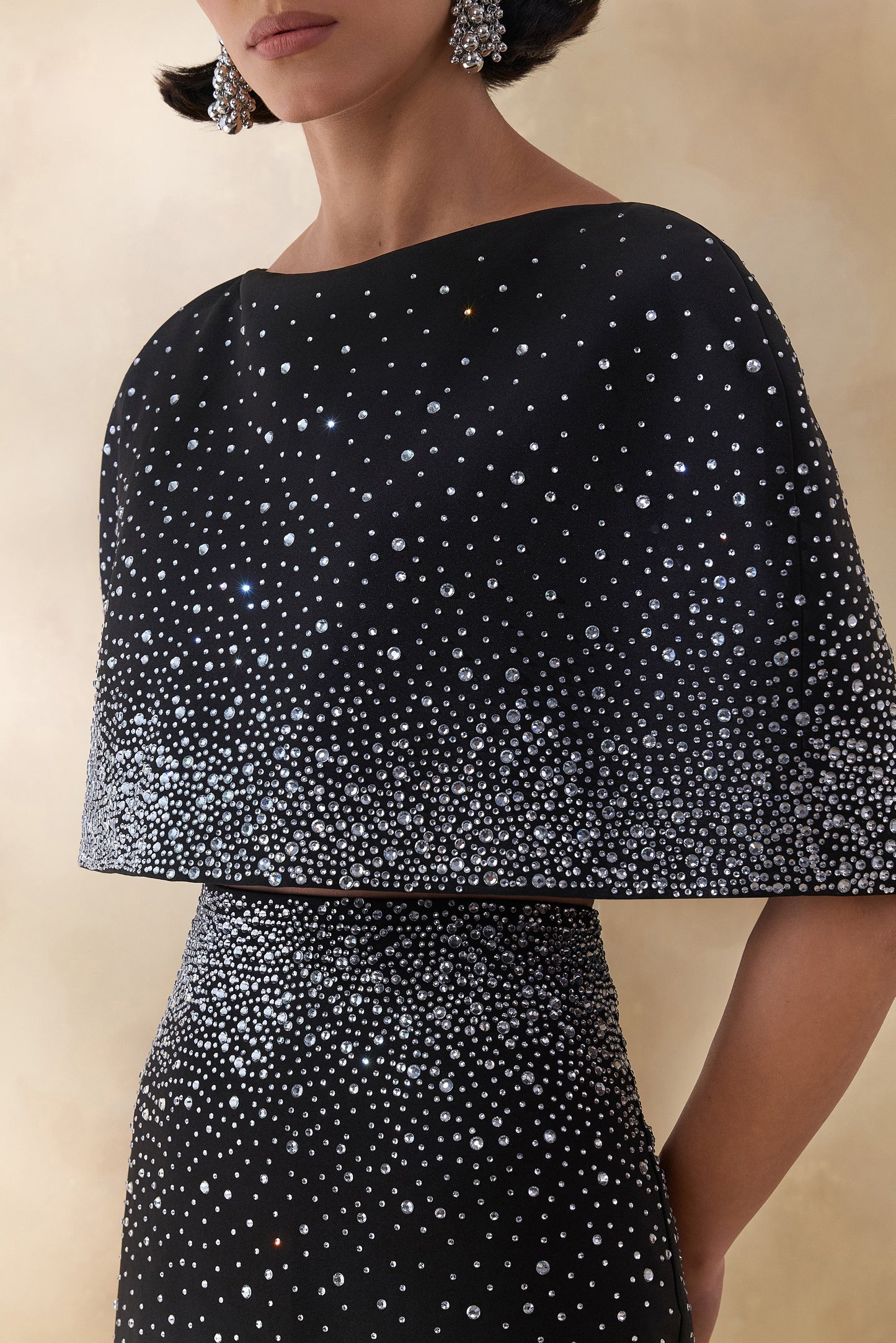 Luxy | Black Embellished Boat-Neck Crop-Top With Cape-Sleeves