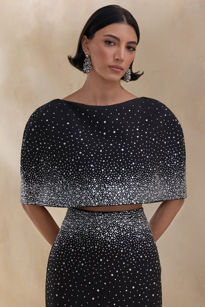 Luxy | Black Embellished Boat-Neck Crop-Top With Cape-Sleeves