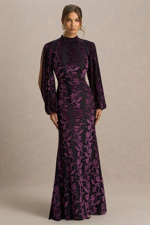 Janet | Black And Purple Devore High-Neck Maxi Dress With Cut-Out Details