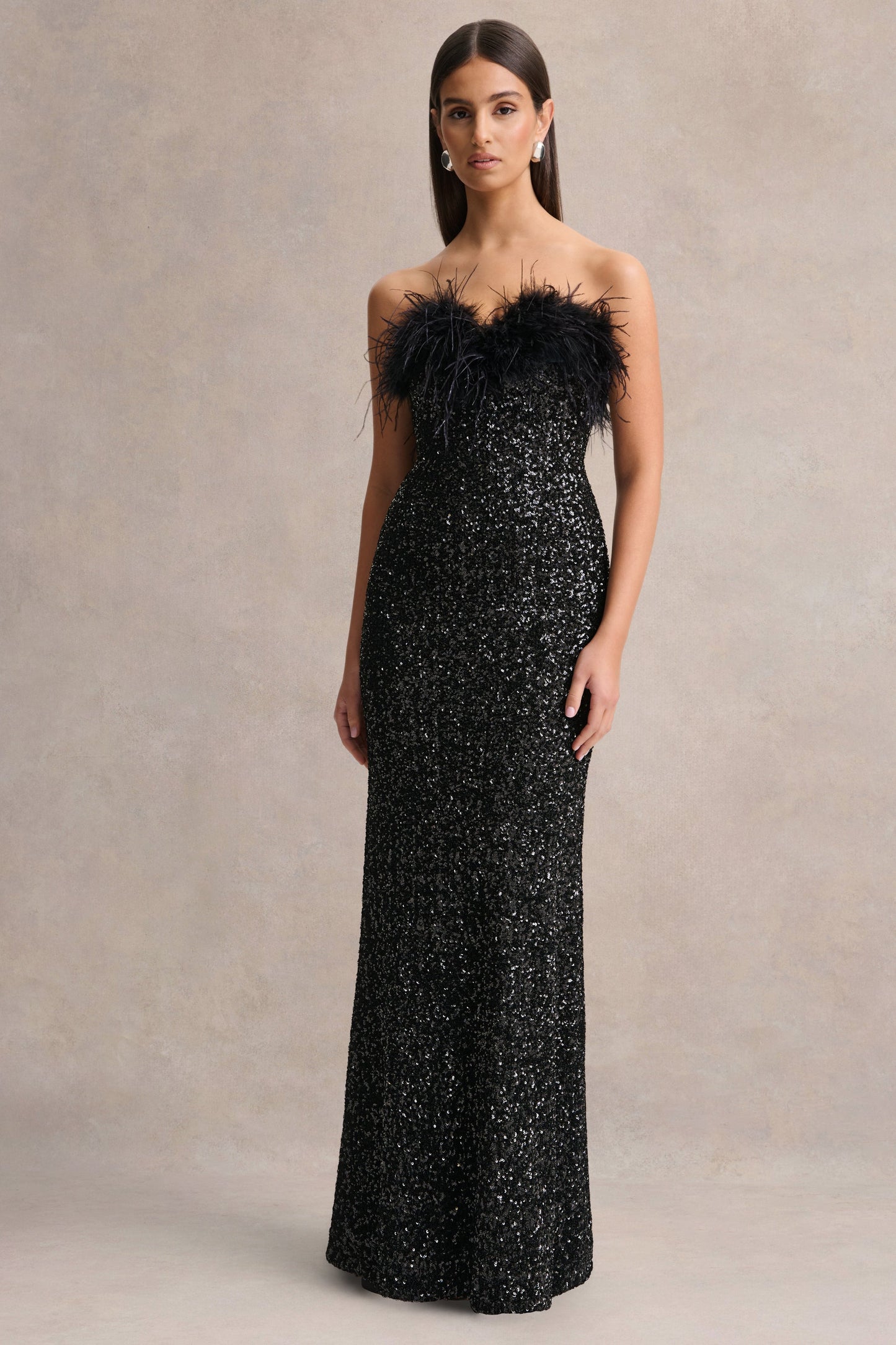 Daze | Black Sequin Bandeau Maxi Dress With Feather-Trim