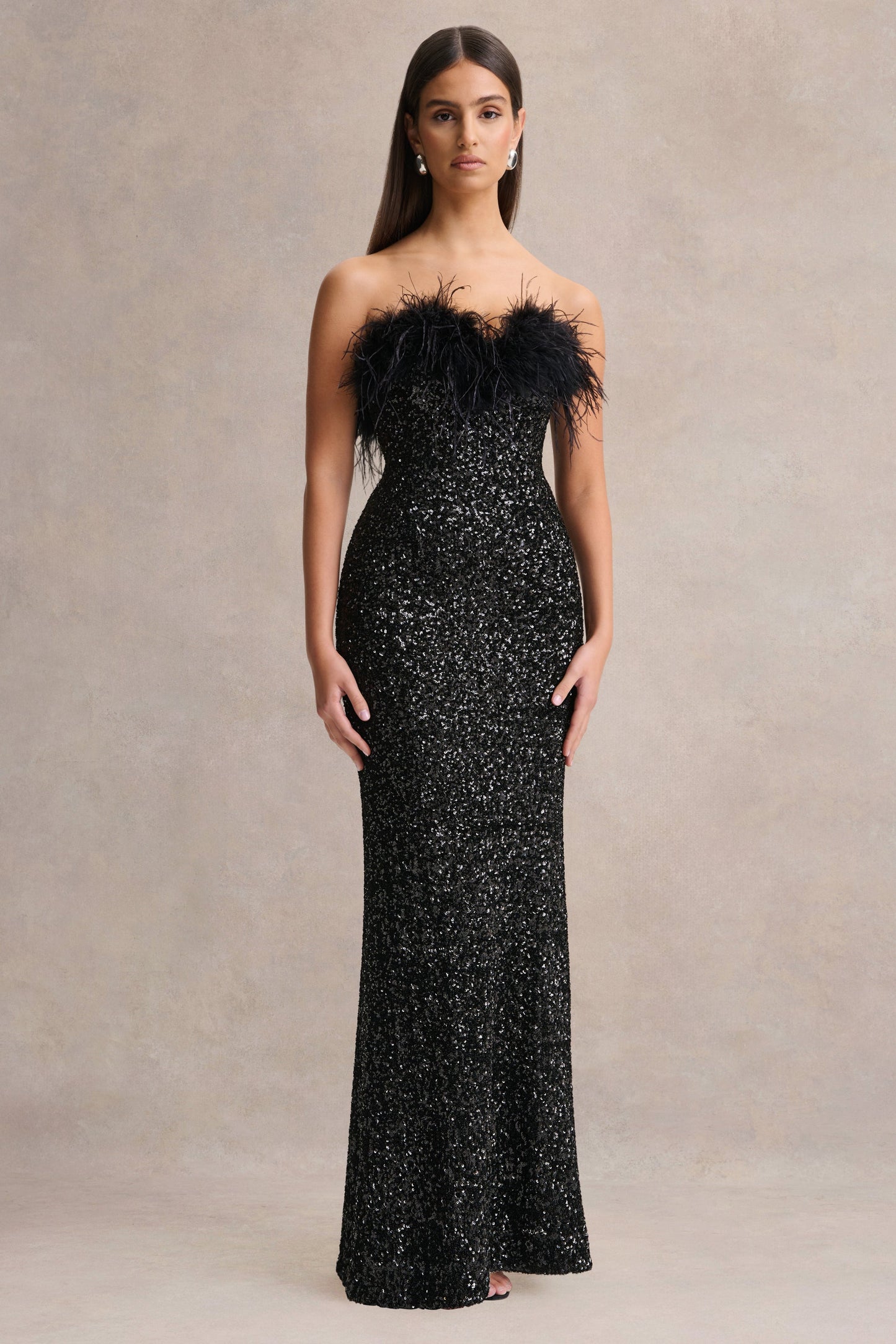 Daze | Black Sequin Bandeau Maxi Dress With Feather-Trim