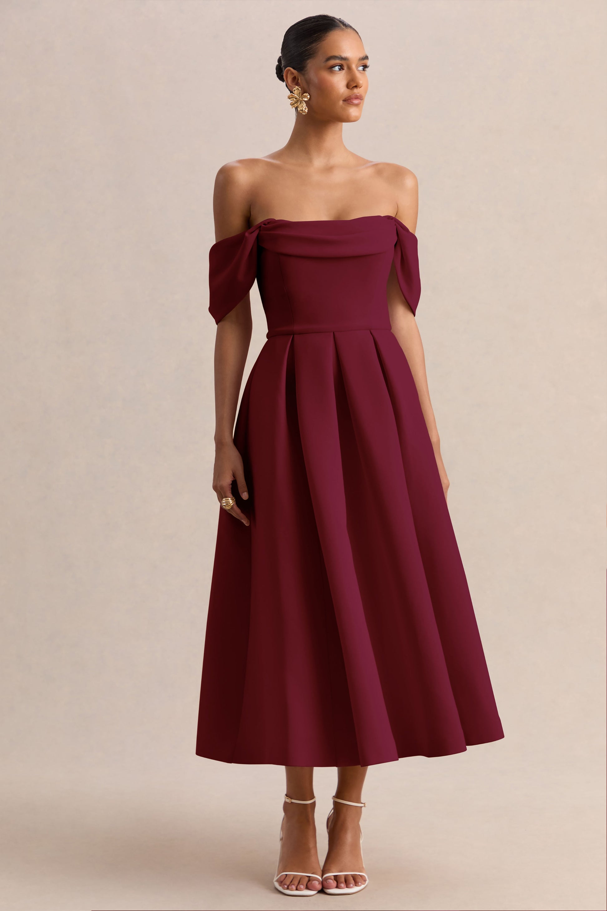 Cosima | Burgundy Bardot-Neck Midi Dress