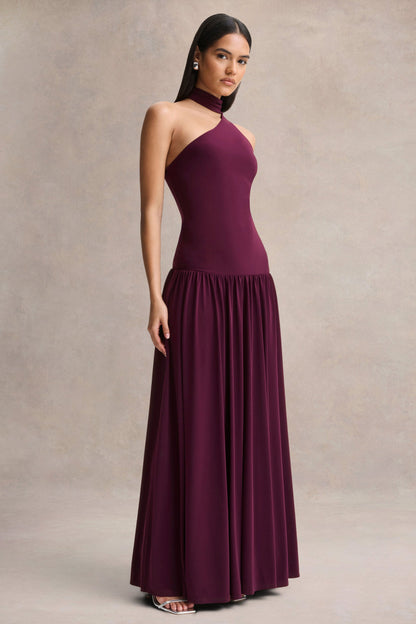 Freesia | Plum Asymmetric-Neck Maxi Dress With Scarf-Detail