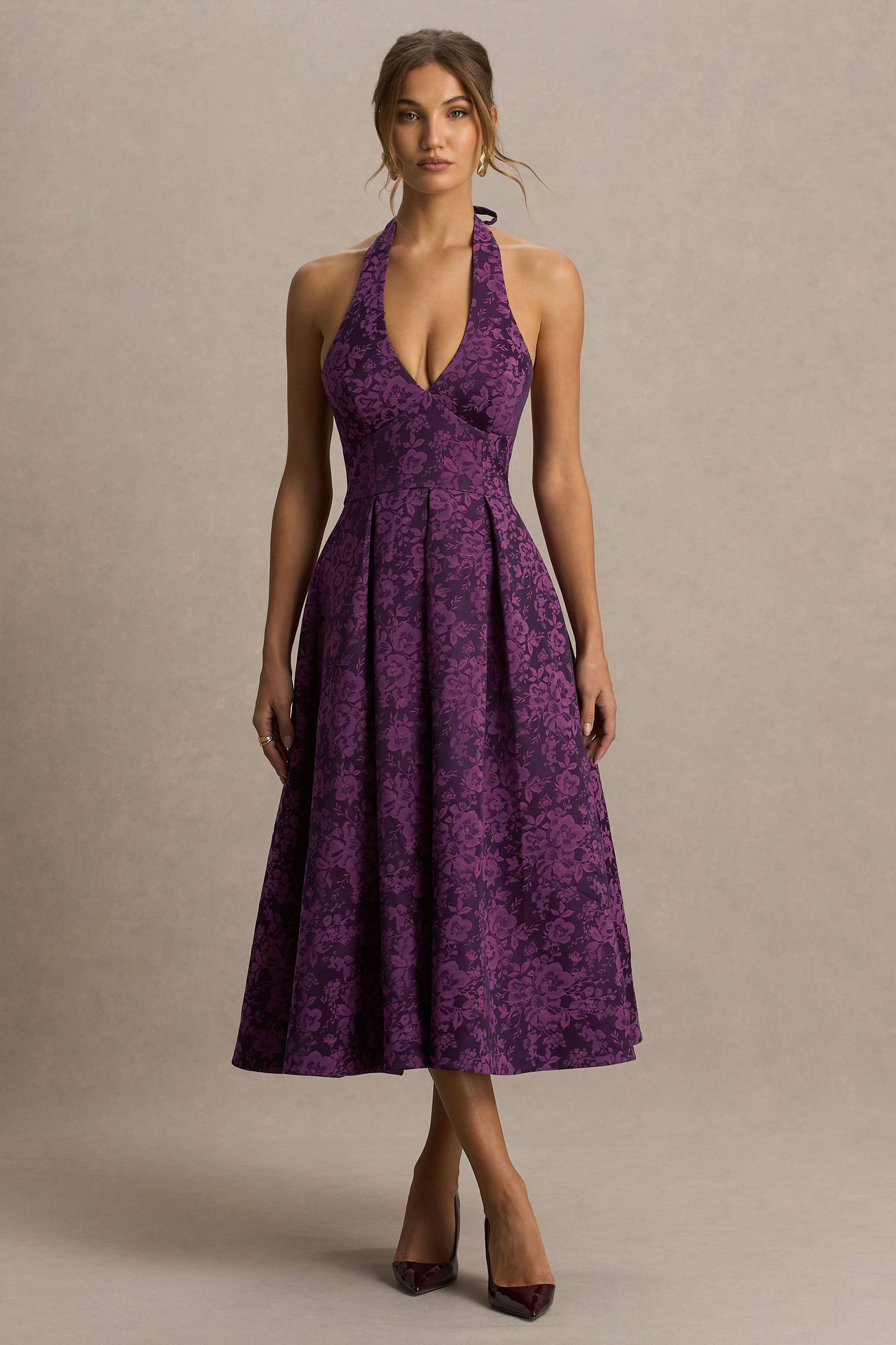 Isabeau | Purple Satin Plunge-Neck Midi Dress