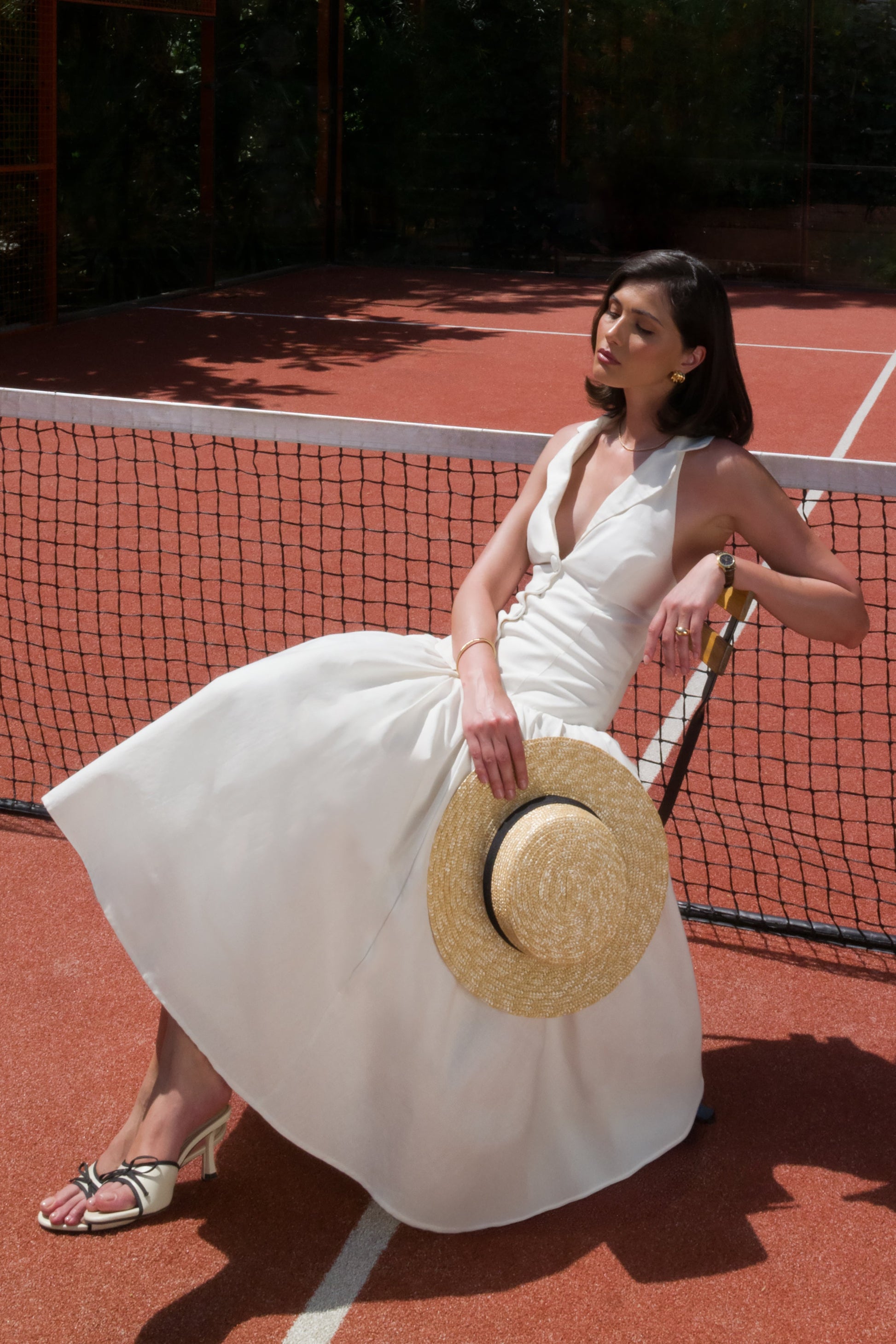 Ella | White Plunge-Neck Midi Dress With Drop-Waist