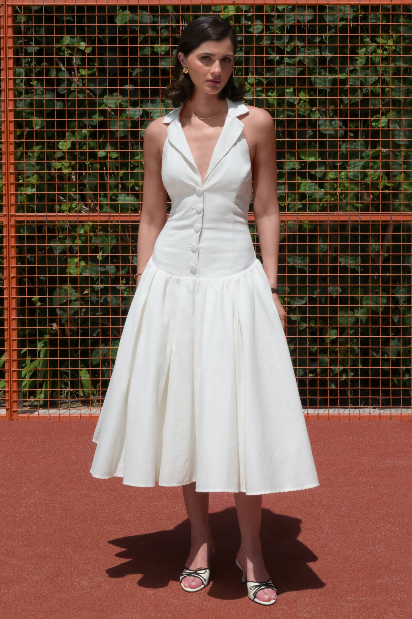 Ella | White Plunge-Neck Midi Dress With Drop-Waist