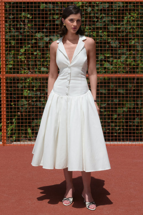 Ella | White Plunge-Neck Midi Dress With Drop-Waist
