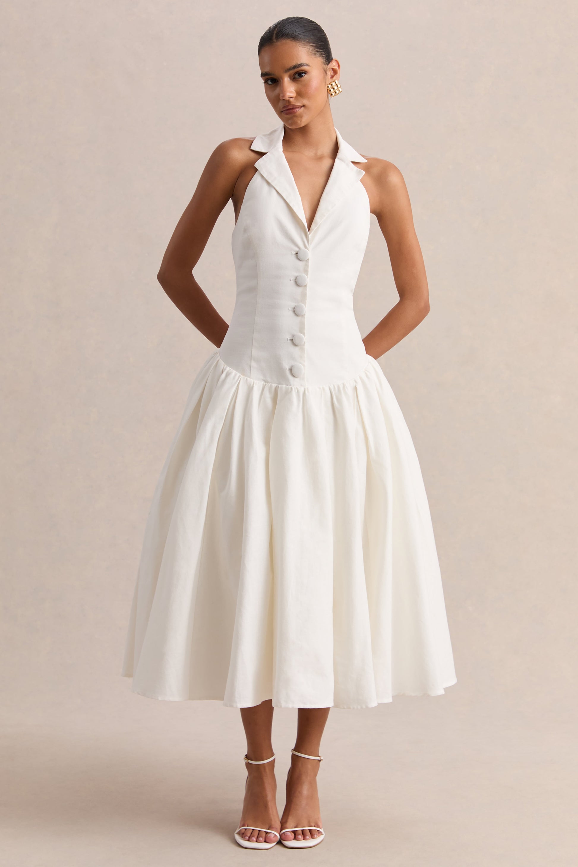 Ella | White Plunge-Neck Midi Dress With Drop-Waist