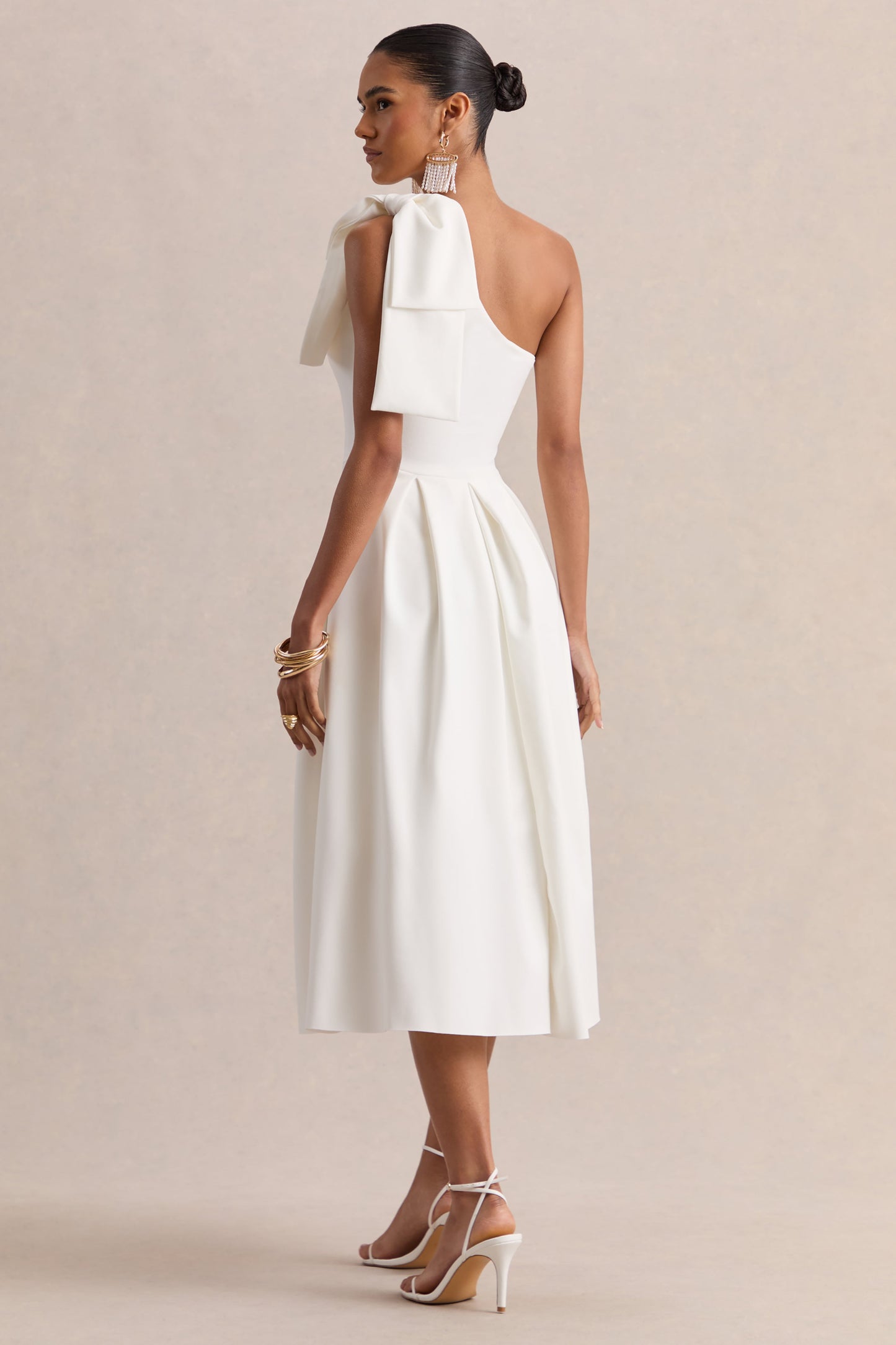 Meria | White Asymmetric-Neck Midi Dress With Bow-Sleeve