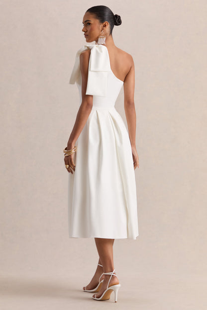 Meria | White Asymmetric-Neck Midi Dress With Bow-Sleeve