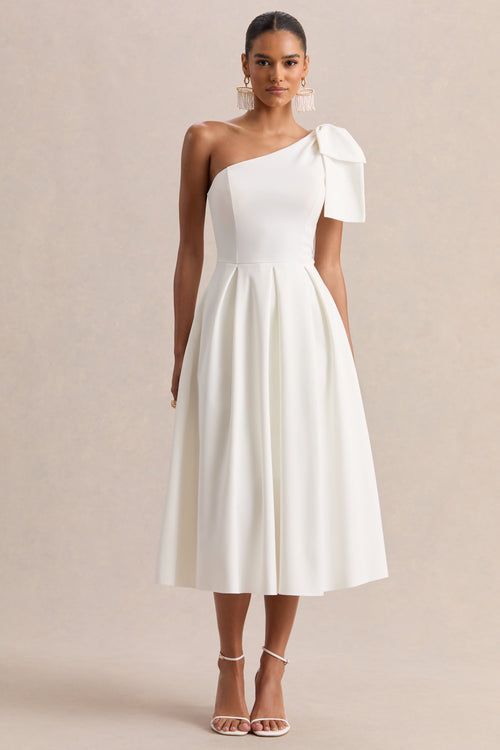 Meria | White Asymmetric-Neck Midi Dress With Bow-Sleeve