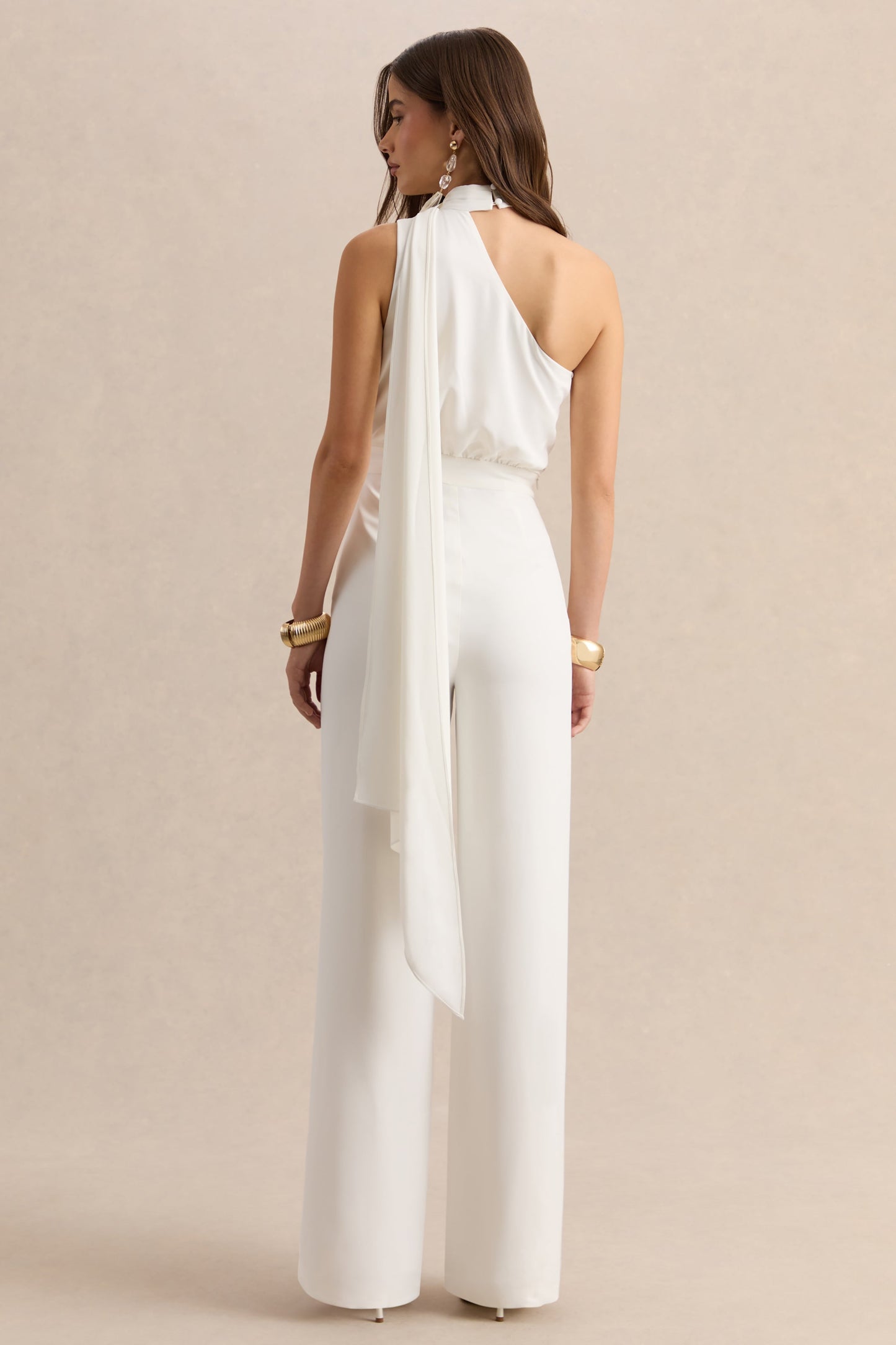Gliselle | White Asymmetric-Neck Jumpsuit With Scarf-Detail