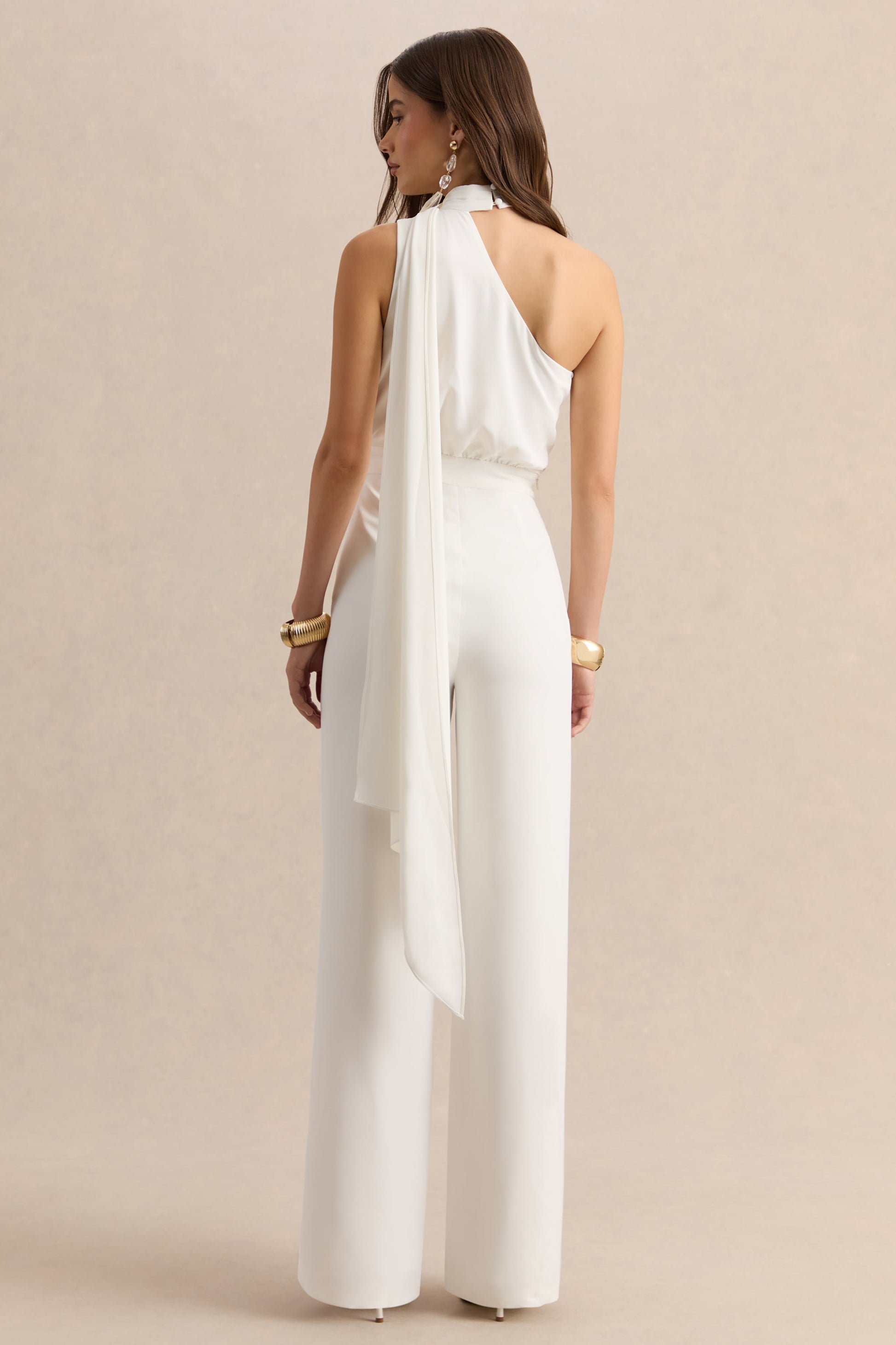 Gliselle | White Asymmetric-Neck Jumpsuit With Scarf-Detail