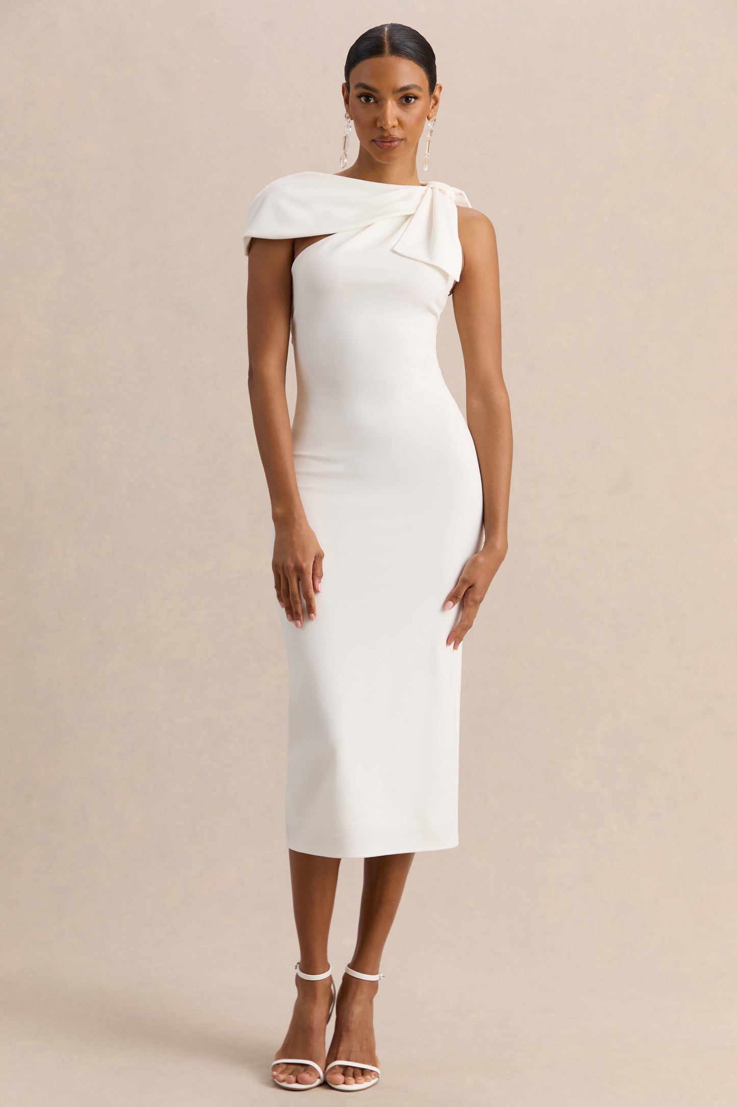Clarina | White Asymmetric-Neck Midi Dress With Bow-Detail
