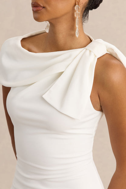 Clarina | White Asymmetric-Neck Midi Dress With Bow-Detail