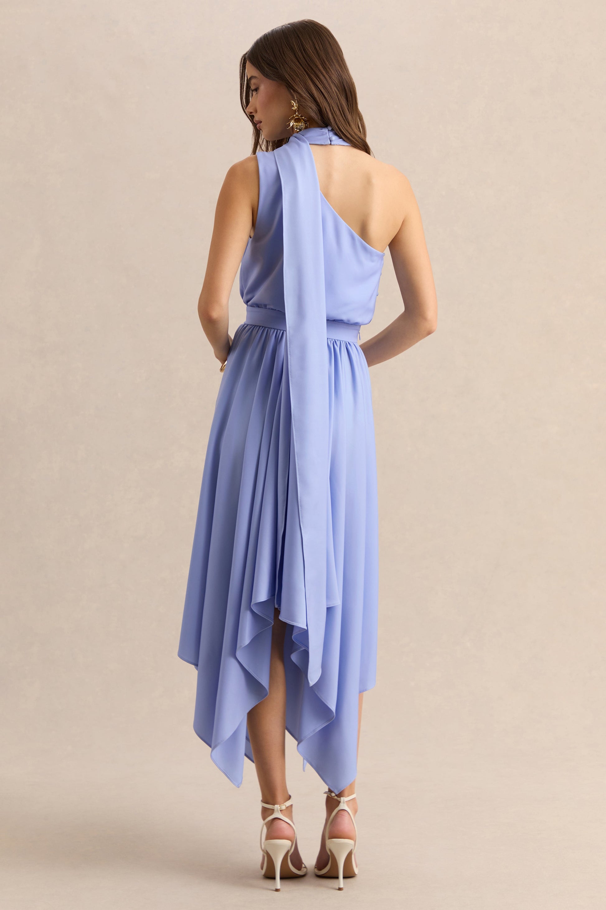 Caluna | Powder Blue Satin Asymmetric-Neck Midi Dress With Scarf-Detail