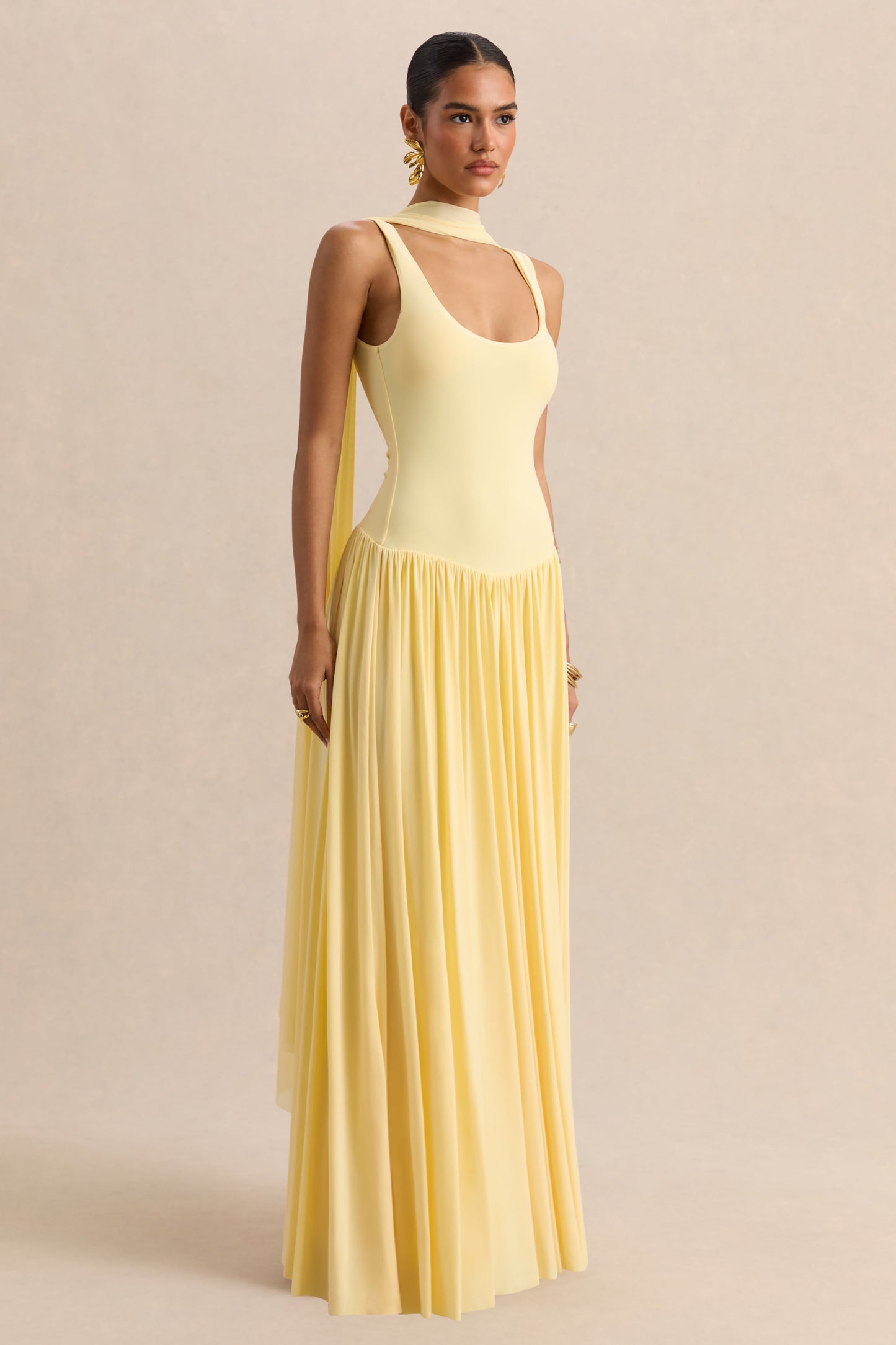 Aurina | Lemon Square-Neck Maxi Dress With Cape