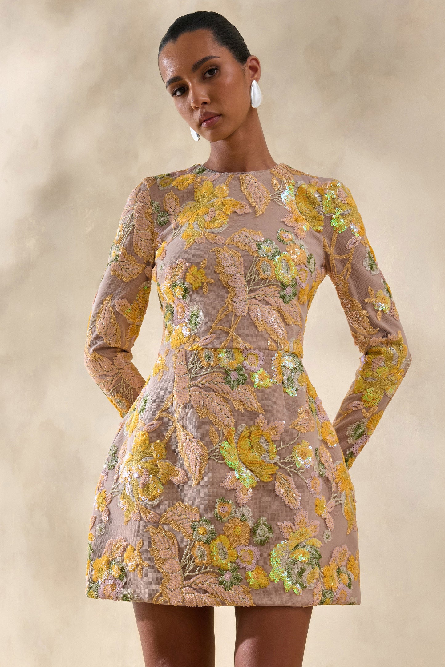 Merdia | Yellow Embellished Floral Crew-Neck Mini Dress